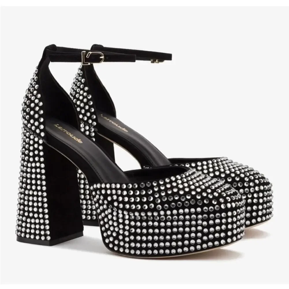 Larroude Ari Rhinestone Studded Platform Block Heels size 9 Glam Sparkle